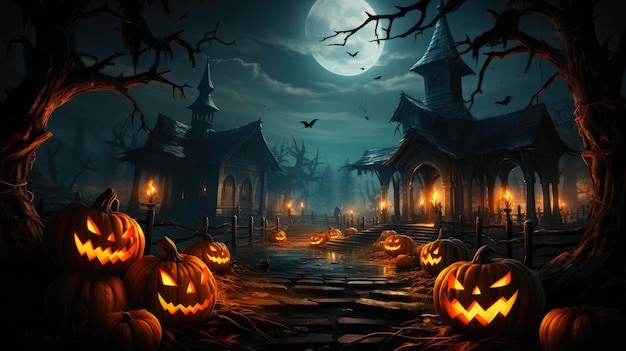 Halloween holiday scary background with pumpkins candles bats and monsters