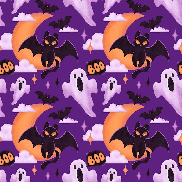 halloween holiday seamless pattern with black cat bat ghosts and half moon on purple back