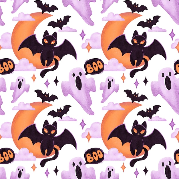 halloween holiday seamless pattern with black cat bat ghosts and half moon on white
