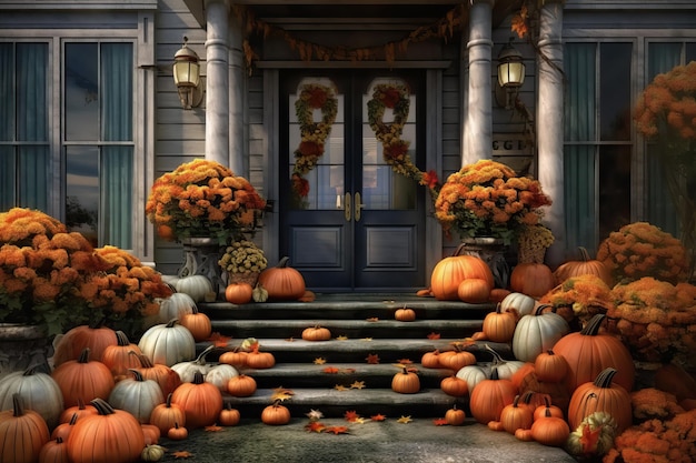 Halloween home decor with pumpkins and flowers Created using generative AI tools