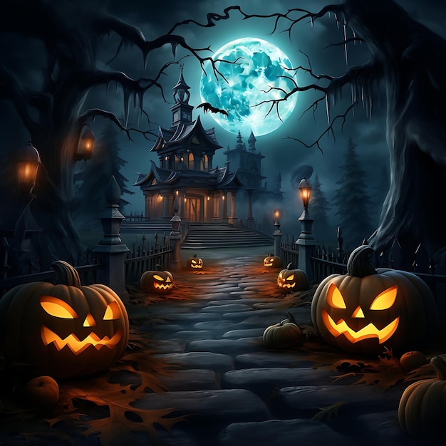 Halloween horror background with creepy pumpkins