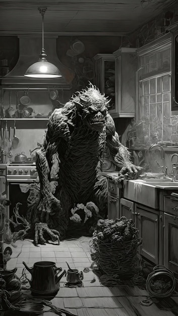 Photo halloween horror the invisible monster in the kitchen room