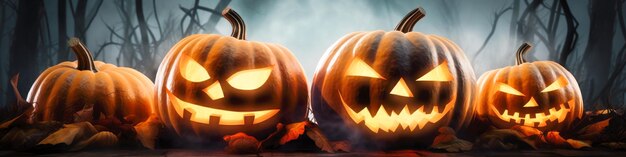 Foto halloween horror scene banner met griezelig pompoenen van spookachtige donkere achtergrond generatieve ai