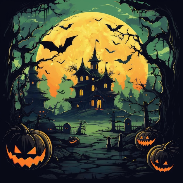 halloween-horrorhuis en enge pompoen achtergrondbeeldverhaalillustratie