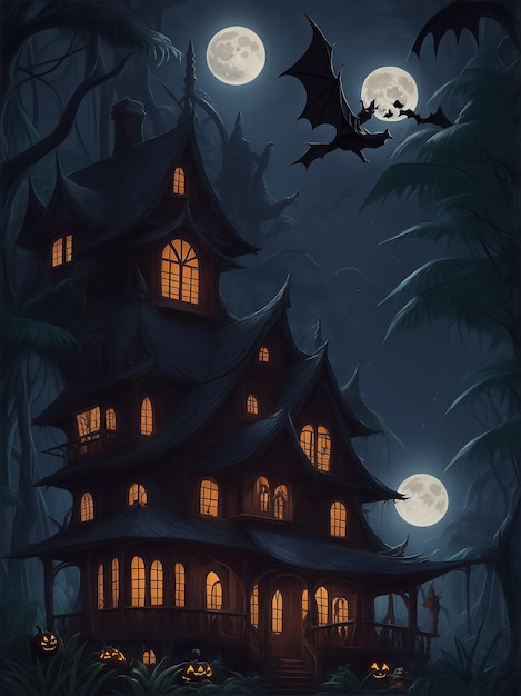 Дом на Хэллоуин в глубоких джунглях, лунная ночь, летящая летучая мышь по небу, изображающая призрака перед домом