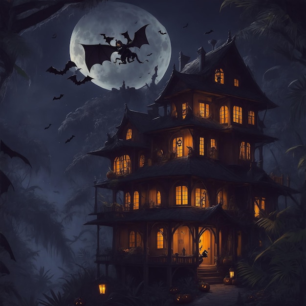 A Halloween house in deep jungle moon night flying bat on sky showing ghost in front house