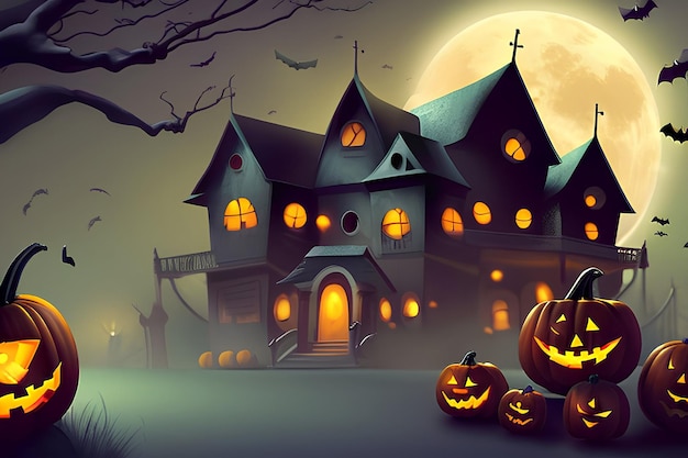 Halloween house in front of a full moon