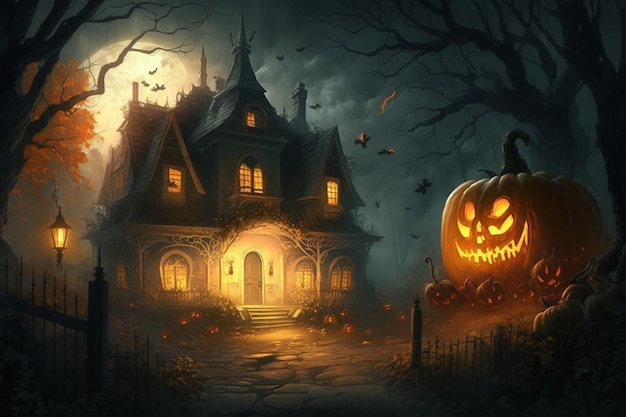 A halloween house in front of a full moon