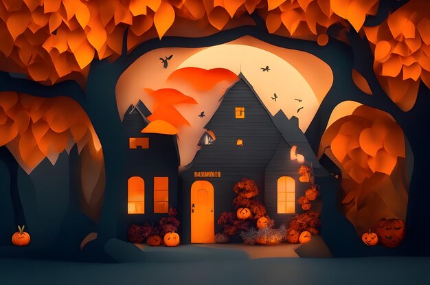 halloween house paper art style ai generated