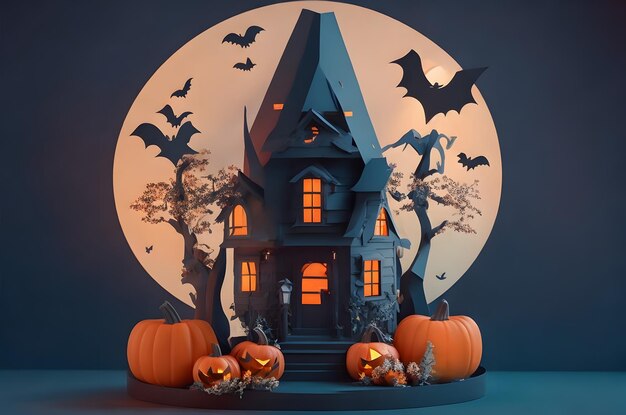 halloween house on a podium paper art style ai generated background