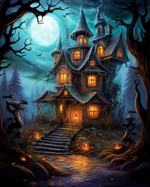 halloween house with pumpkins and bats in front of a full moon generative ai