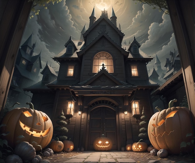 A halloween house with pumpkins in front of it