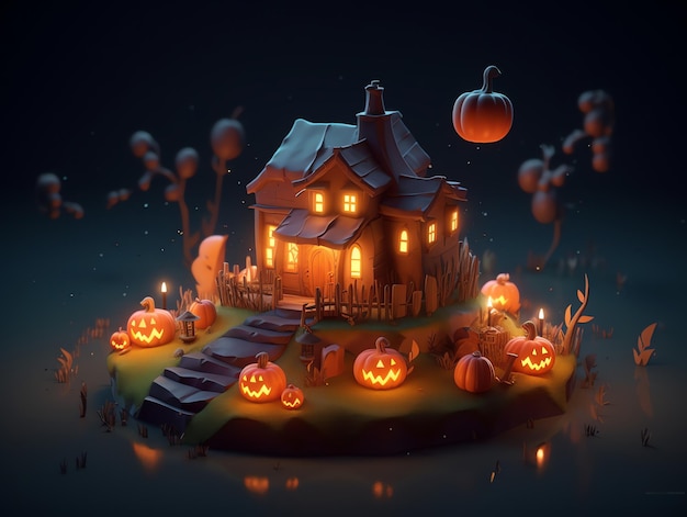 A halloween house with pumpkins on the ground