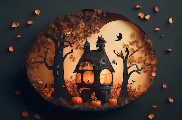 halloween house with pumpkins paper art style ai generated background
