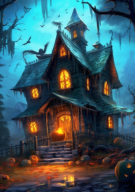 A halloween house with pumpkins on the roof