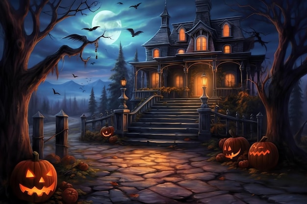 Halloween house in the woods with pumpkins and bats