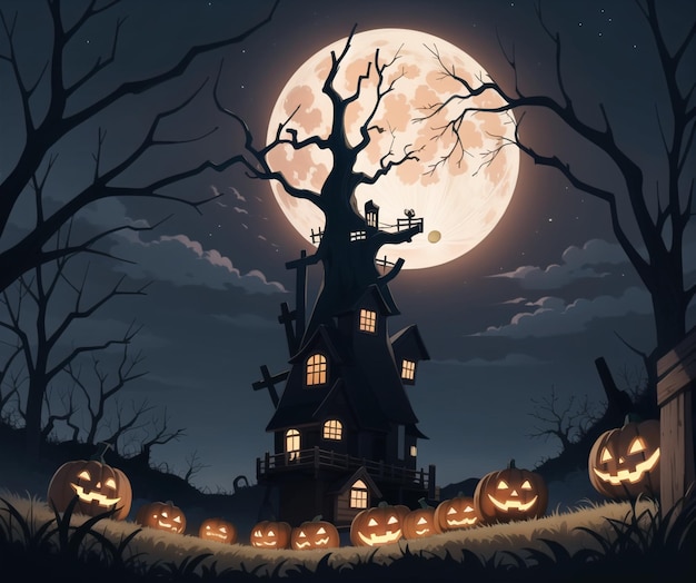 Premium AI Image | Halloween house in the woods with pumpkins in front ...