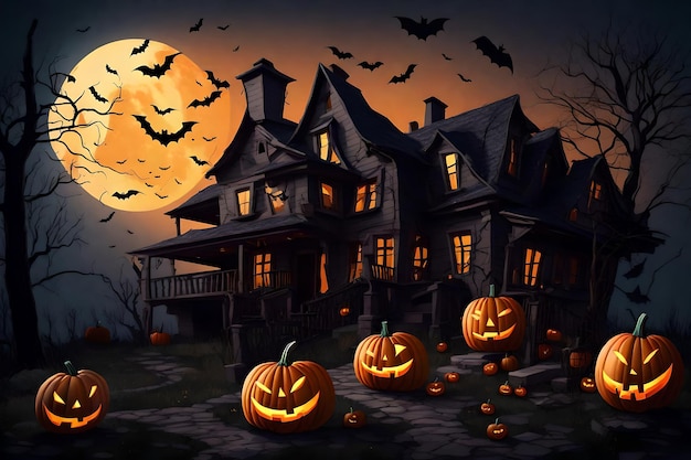 Halloween huis in de nacht met pompoenen en vleermuizen 's avonds met volle maan