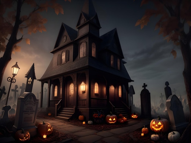halloween-huis met pompoen en kerkhof ai gegenereerd