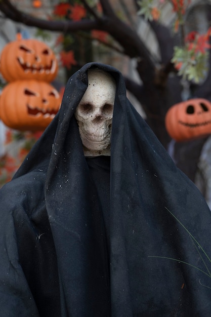 Photo halloween human skull abscess in black cloak concept on copy space