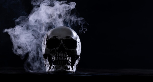 Halloween human skull on an old wooden table over black background Shape of skull bone for Death head on halloween festival which show horror evil tooth fear and scary with fog smoke copy space