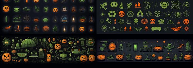 halloween icons on a dark background in the style of av