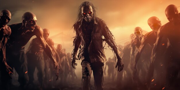 Halloween idea of a terrible fantasy setting with a horde of walking zombies Generative Ai