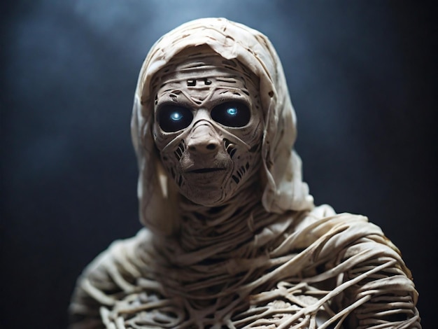 Foto halloween idee beangstigende mummie figuur met close-up gezicht halloween pompoenen