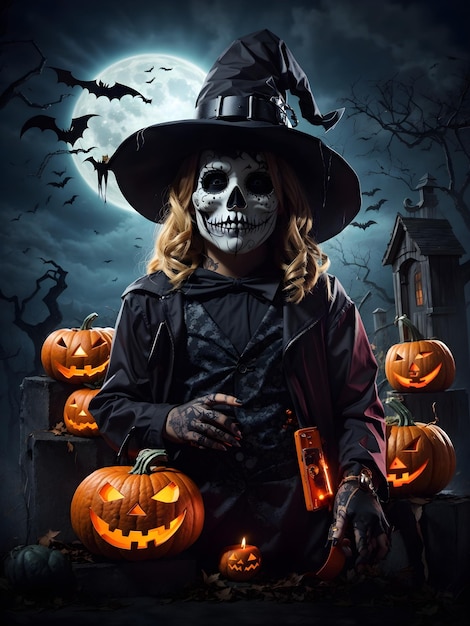 Halloween illustratie achtergrond een heks met enge make-up en een vlammende pompoen