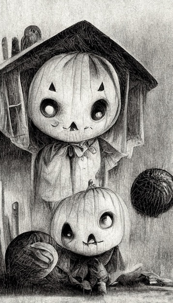 Halloween illustratie potlood tekening stijl Spooky horror Halloween achtergrond 3D illustratie