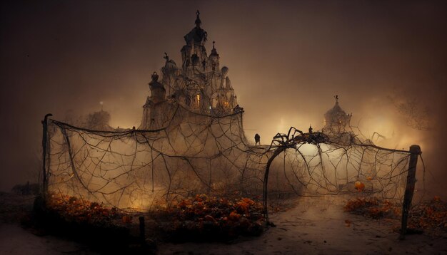 Foto halloween illustratie spookhuis met pompoenen.realistische halloween festival illustratie.