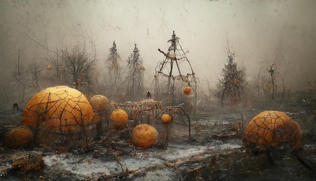 Halloween illustratie spookhuis met pompoenen.realistische halloween festival illustratie.