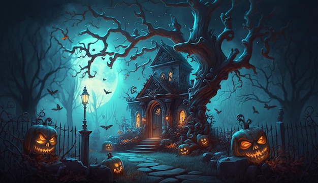 Halloween-illustratie van een griezelig huis met pompoenen ter plaatse