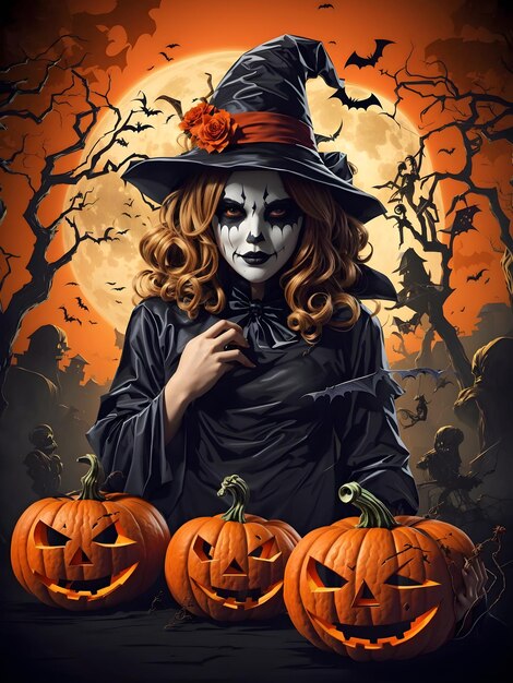 halloween illustration background a witch with scary makeup and a flaming pumpkin