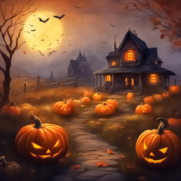 Halloween illustration background with pumpkins scary house tree