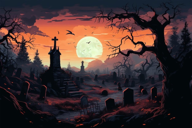 a halloween illustration of a cemetery with a moon