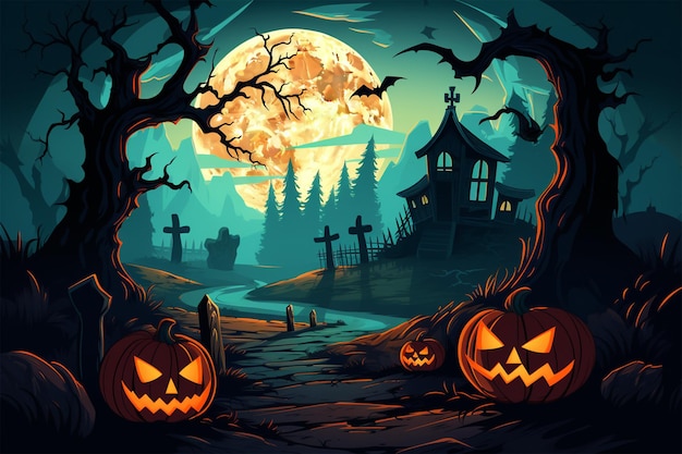 a halloween illustration of a cemetery with a moon