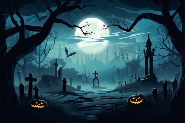 a halloween illustration of a cemetery with a moon