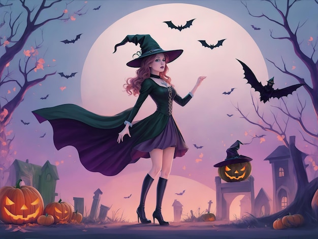 ハロウィーンのイラストカラフルな可愛いアニメアイ・ジェネレーティブに立つ魔女