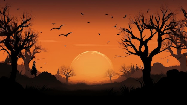 Halloween Illustration Featuring the Silhouette of a Haunted Framed by the Reddish Orange Sunset