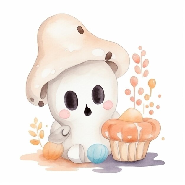 Photo a halloween illustration of a ghost and a cupcake.