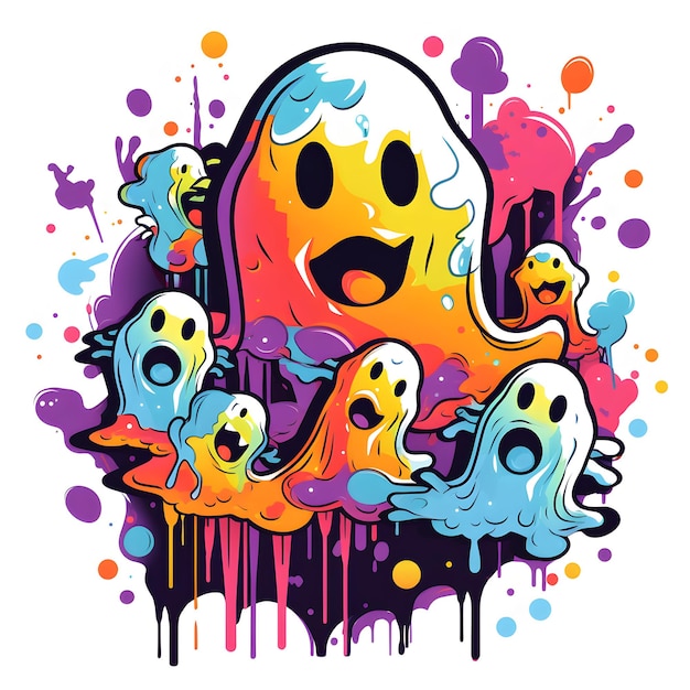 Halloween illustration ghosts cartoon colorful splatter