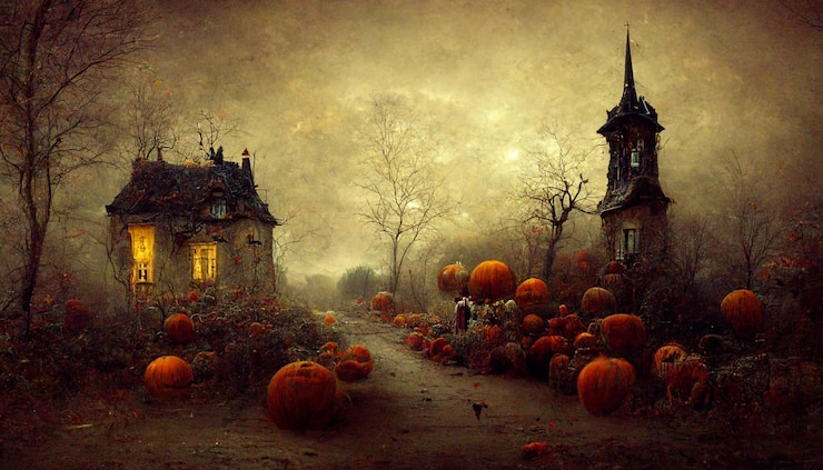 Photo halloween illustration haunted house with pumpkins.realistic halloween festival illustration.