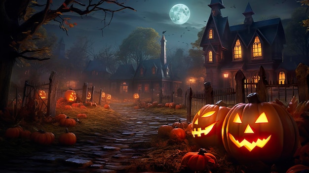 Фото Иллюстрация деревни с страшными тыквами на хэллоуин