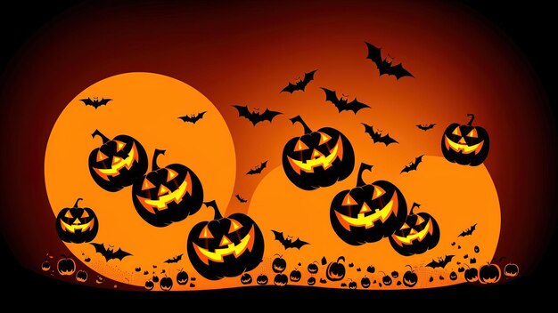 Halloween illustration orange pumpkin bats and night mysticism