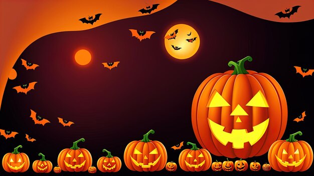 Halloween illustration orange pumpkin bats and night mysticism