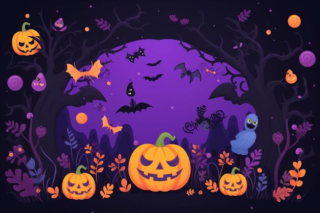 Photo a halloween illustration of a pumpkin and bats