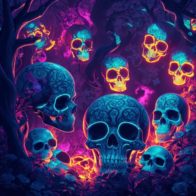 Halloween illustration showcasing neon skulls