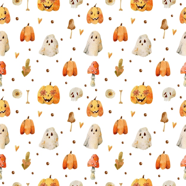 Halloween illustration watercolor pumpkin spooky ghost seamless pattern