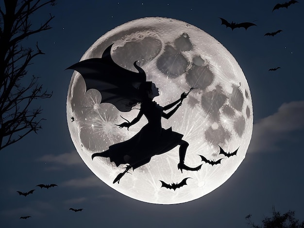 Photo halloween illustration witch on the background of the night sky